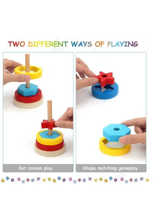 Smoneo Montessori Wooden Rainbow Rings Tower; Geometric Shape Recognition Sorting Stacking And Plugging; Stacker Building Educational Learning Toy Game For 3 4 5 Years Old Toddlers(20 Pieces) - Image 4