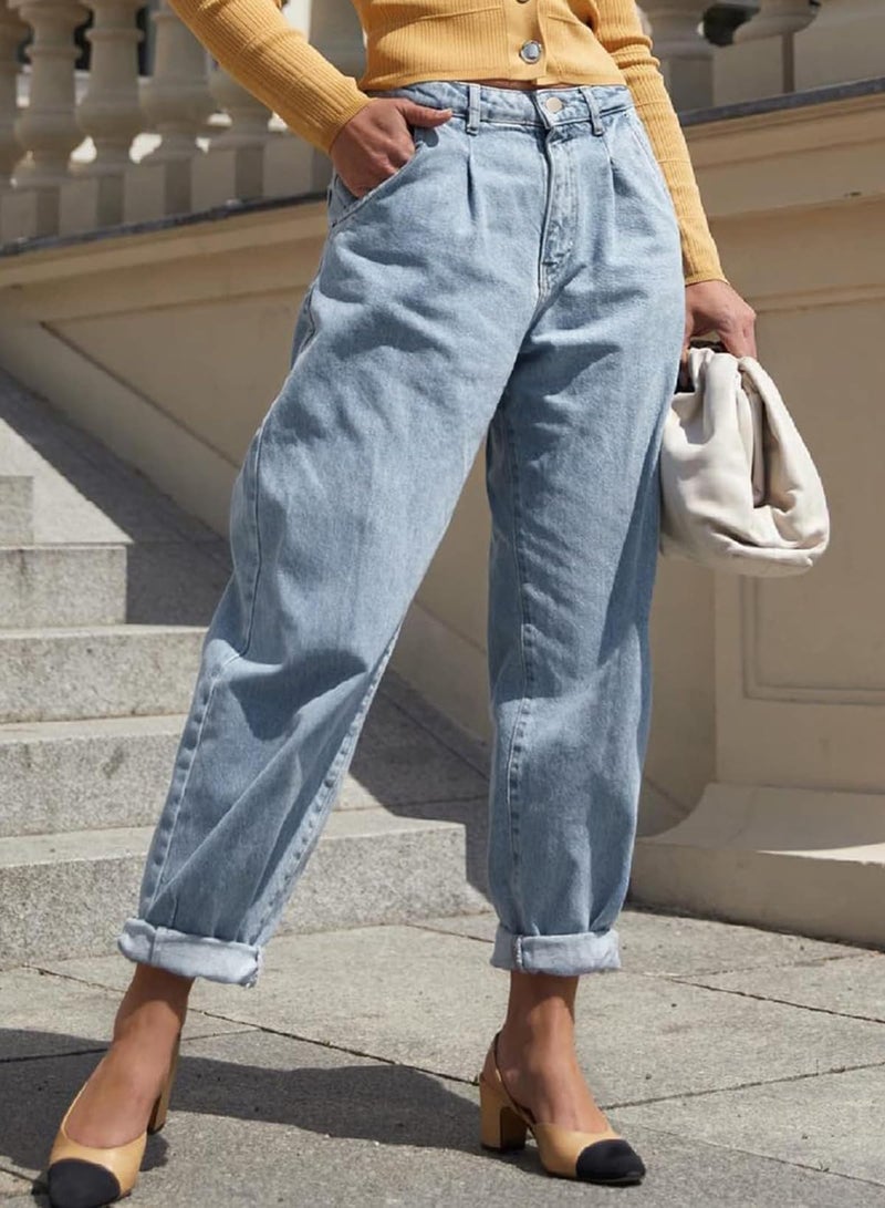 EVALESS High Waist Baggy Jeans for Women Trendy 2025 Stretch Boyfriend Barrel Denim Pants Sky Blue 6 - Image 3