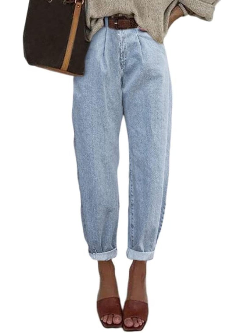 EVALESS High Waist Baggy Jeans for Women Trendy 2025 Stretch Boyfriend Barrel Denim Pants Sky Blue 6 - Image 1