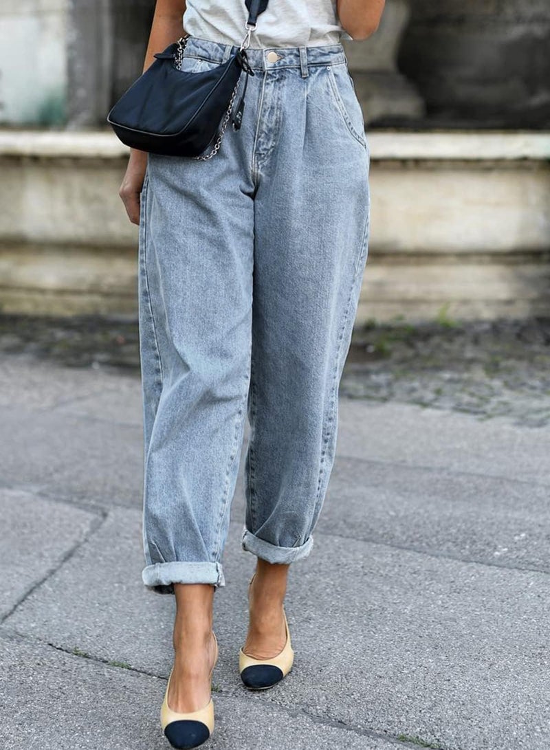 EVALESS High Waist Baggy Jeans for Women Trendy 2025 Stretch Boyfriend Barrel Denim Pants Sky Blue 6 - Image 2