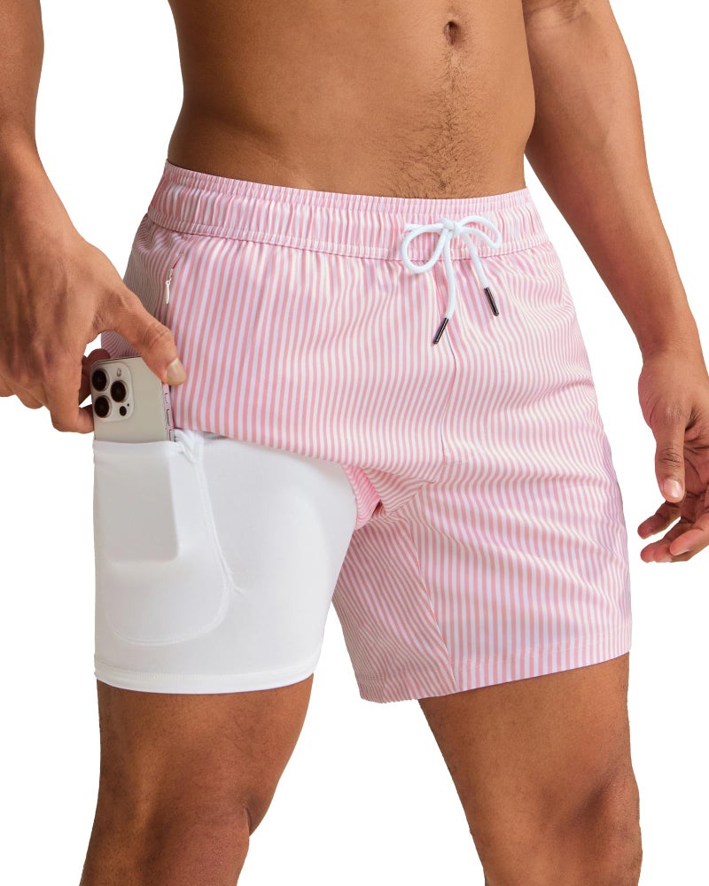 maamgic Mens Swim Trunks with Compression Liner 5 Inch, Quick Dry Bathing Suit with Zipper Pockets, Stretch No-Chafing Swim Shorts, Pink White Stripe Large - Image 1
