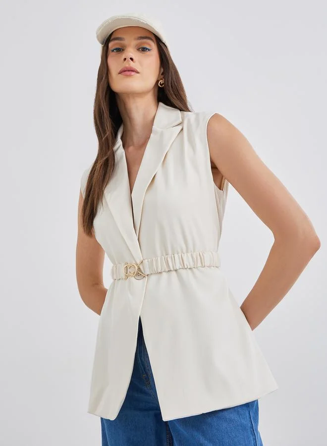 Styli Women Off White Regular Fit Longline Sleeveless Belted Blazer