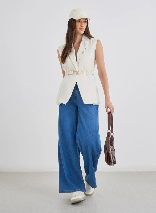 Styli Women Off White Regular Fit Longline Sleeveless Belted Blazer
