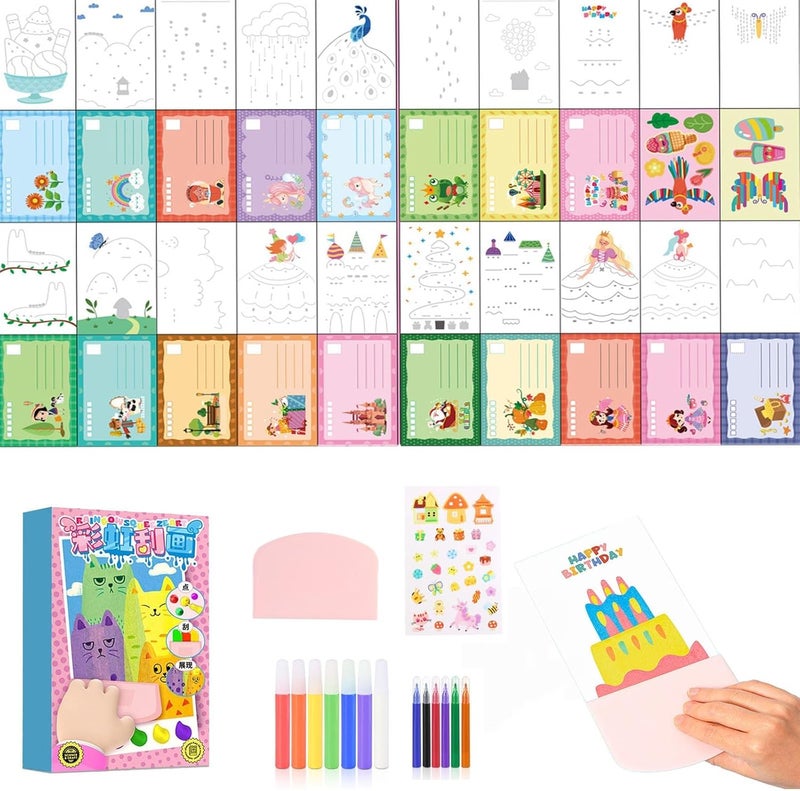 PINKE Scratch Art Kids Paint Kit Colorful Scratches Painting Craft Kit for Girls Boys Scratching Art Postcard Set, Magic Dot Painting Paper for Kids DIY Scratch Paint Set Paper Craft Kits for Child - Image 1