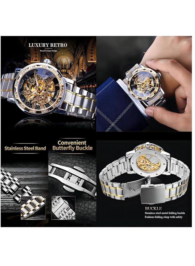 SYOSI Luxury Men Automatic Mechanical Watch Waterproof Stainless Steel Self Winding Timepiece With Roman Numerals And Diamond Dial Classic Business Style Wristwatch - Image 5
