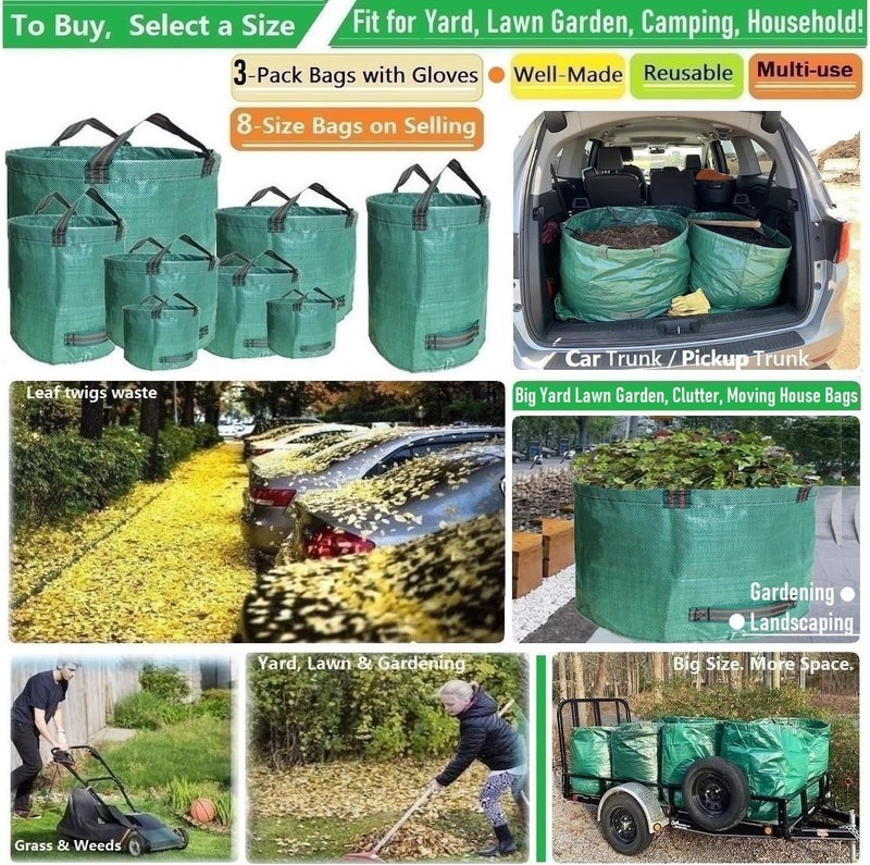Tespher Professional 3-Pack 106 Gallon Big Lawn Garden Bags (D31, H31 inch) Yard Waste Bags W/Gardening Gloves, Reusable Leaf Bag,Yard Debris,Lawn Weeds,Plant Cuttings Trimmings,Grass Clippings Bag 4 Handles - Image 2