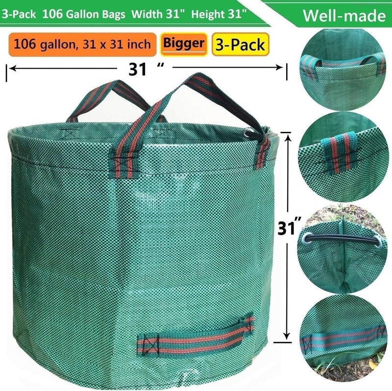 Tespher Professional 3-Pack 106 Gallon Big Lawn Garden Bags (D31, H31 inch) Yard Waste Bags W/Gardening Gloves, Reusable Leaf Bag,Yard Debris,Lawn Weeds,Plant Cuttings Trimmings,Grass Clippings Bag 4 Handles - Image 4