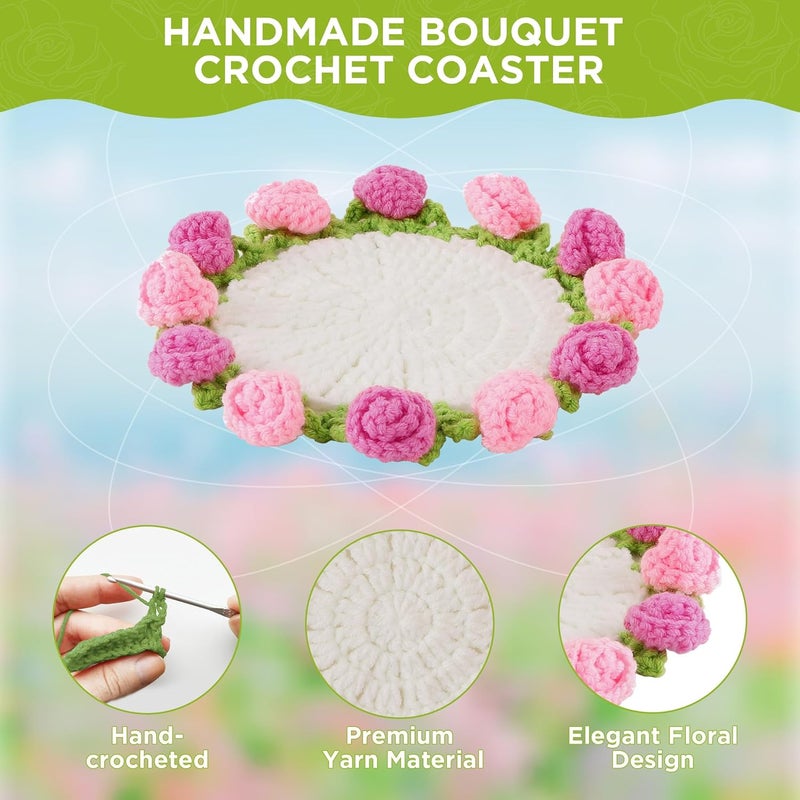 Vane Oak Flower Crochet Coasters, Handmade Bouquet Blanket Coaster with Crochet Plant Pot Fun Soft Decorative Drink Coasters for Coffee Table Tabletop Protection and Home Decor - Image 4