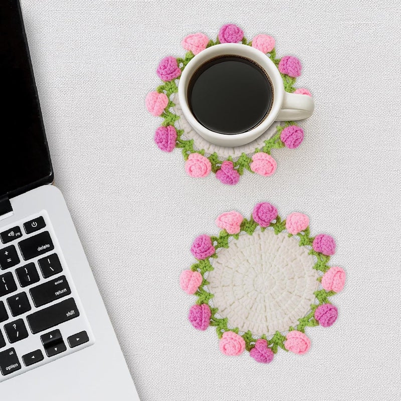 Vane Oak Flower Crochet Coasters, Handmade Bouquet Blanket Coaster with Crochet Plant Pot Fun Soft Decorative Drink Coasters for Coffee Table Tabletop Protection and Home Decor - Image 5