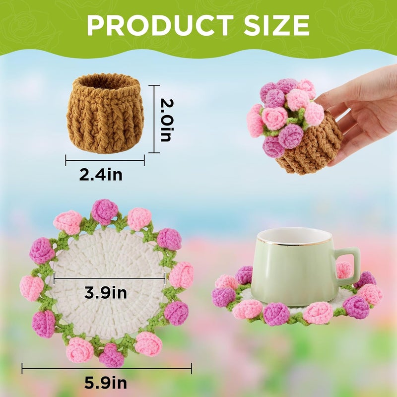 Vane Oak Flower Crochet Coasters, Handmade Bouquet Blanket Coaster with Crochet Plant Pot Fun Soft Decorative Drink Coasters for Coffee Table Tabletop Protection and Home Decor - Image 2