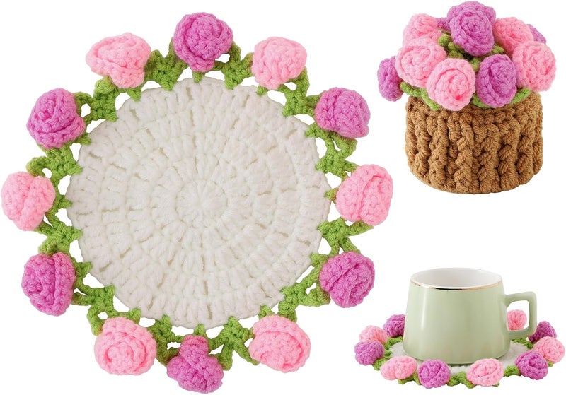 Vane Oak Flower Crochet Coasters, Handmade Bouquet Blanket Coaster with Crochet Plant Pot Fun Soft Decorative Drink Coasters for Coffee Table Tabletop Protection and Home Decor - Image 1