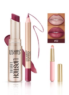 Ushas 3 Pcs Lip Liner & Lipstick Set, Long-Lasting Matte Waterproof Lip Liner and Lipstick Combo With Pink Lip Brush, Lips Makeup Gift Kit for Women#2  - Image 1