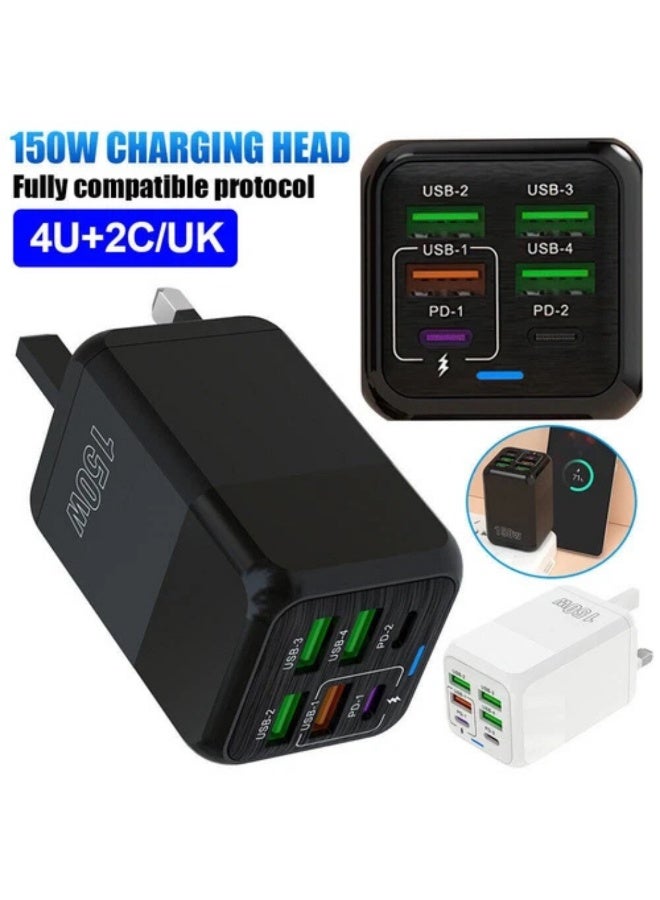 فيرست برو محول شحن فائق السرعة متعدد الوظائف بقدرة 150 واط مع 6 منافذ – شاحن هواتف محمولة، محول طاقة للسفر، اللون أسود، للمملكة المتحدة - Image 2