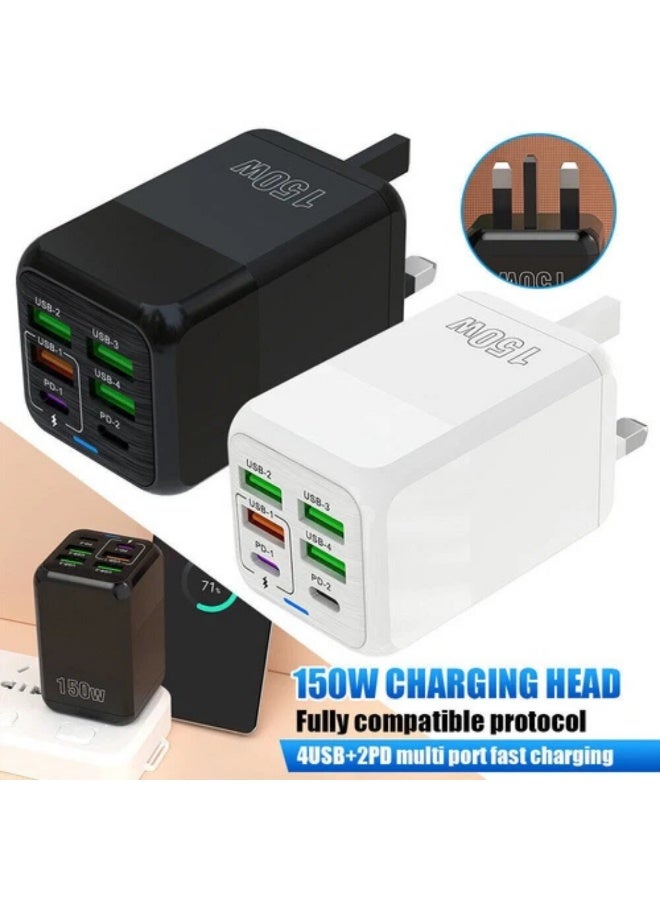 فيرست برو محول شحن فائق السرعة متعدد الوظائف بقدرة 150 واط مع 6 منافذ – شاحن هواتف محمولة، محول طاقة للسفر، اللون أسود، للمملكة المتحدة - Image 4