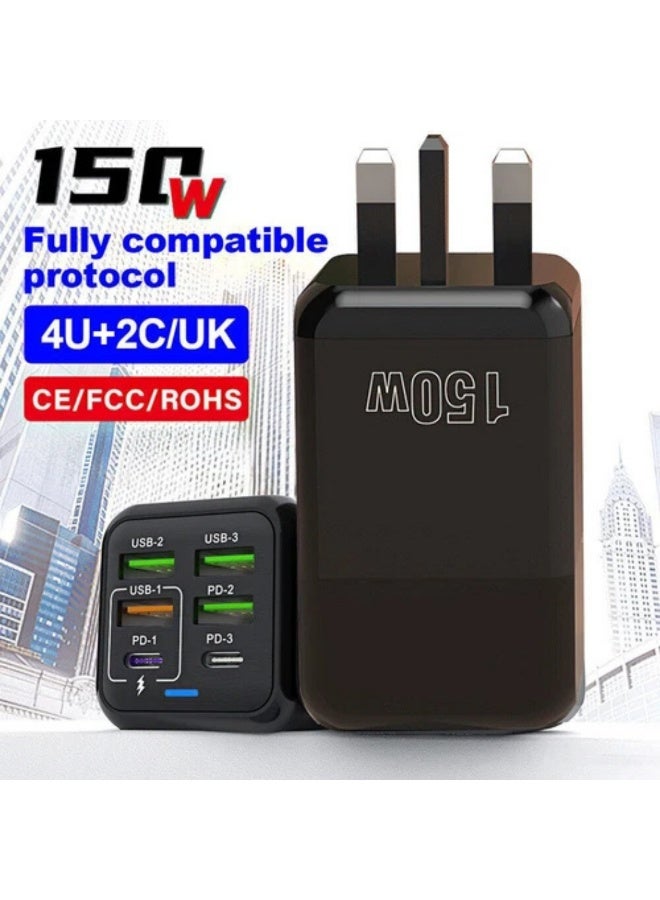 فيرست برو محول شحن فائق السرعة متعدد الوظائف بقدرة 150 واط مع 6 منافذ – شاحن هواتف محمولة، محول طاقة للسفر، اللون أسود، للمملكة المتحدة - Image 3