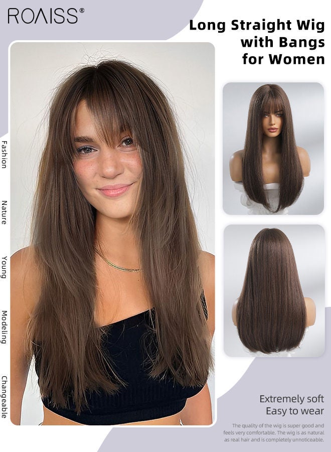 رويس شعر مستعار طويل مستقيم مع شعر ناصية للنساء، باروكة شعر مستعار صناعي طبيعي ناعم ومقاوم للحرارة لحفلات الزفاف وحفلات التنكرية والارتداء اليومي، بني، 60 سم (24 بوصة) - Image 1