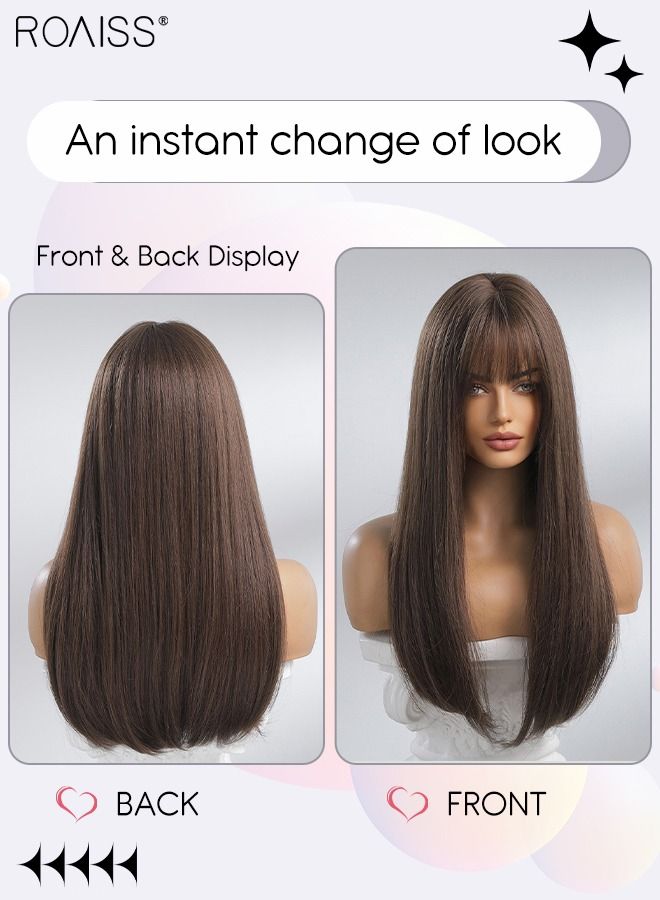 رويس شعر مستعار طويل مستقيم مع شعر ناصية للنساء، باروكة شعر مستعار صناعي طبيعي ناعم ومقاوم للحرارة لحفلات الزفاف وحفلات التنكرية والارتداء اليومي، بني، 60 سم (24 بوصة) - Image 2