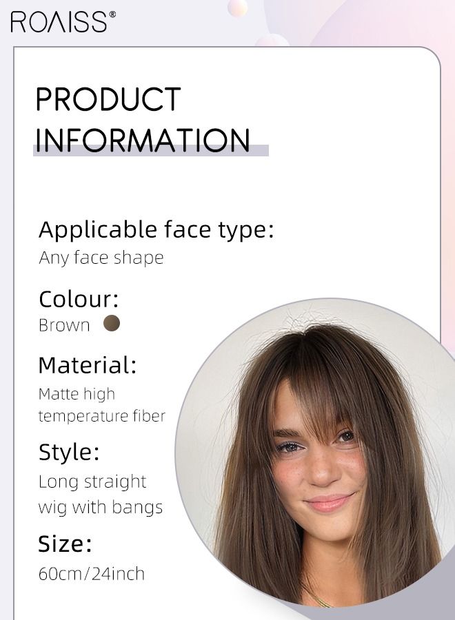 رويس شعر مستعار طويل مستقيم مع شعر ناصية للنساء، باروكة شعر مستعار صناعي طبيعي ناعم ومقاوم للحرارة لحفلات الزفاف وحفلات التنكرية والارتداء اليومي، بني، 60 سم (24 بوصة) - Image 3