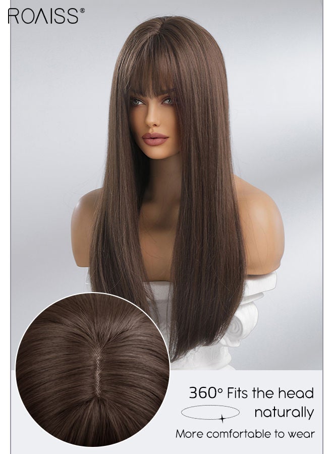 رويس شعر مستعار طويل مستقيم مع شعر ناصية للنساء، باروكة شعر مستعار صناعي طبيعي ناعم ومقاوم للحرارة لحفلات الزفاف وحفلات التنكرية والارتداء اليومي، بني، 60 سم (24 بوصة) - Image 4
