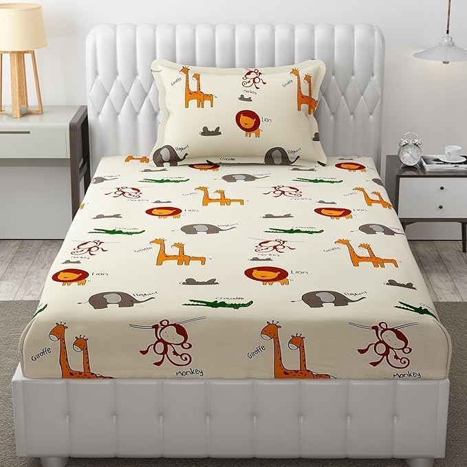 Filymore Kids Animal Single Bedsheet Cartoon Bedcover 240 TC Microfiber Kid Bedspread for Single Size Bed (Size 90 X 60 Inches) 1 Bedsheet with 1 Pillow Cover for Kids Room (Color-Cream) - Image 2