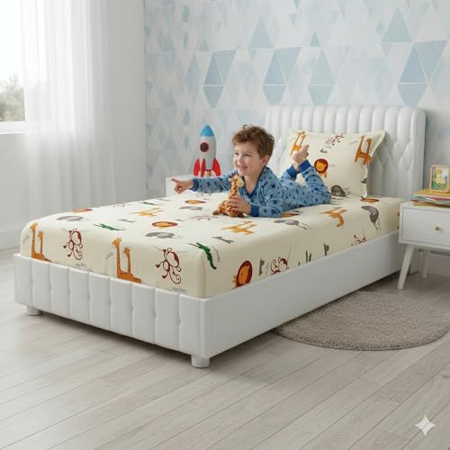 Filymore Kids Animal Single Bedsheet Cartoon Bedcover 240 TC Microfiber Kid Bedspread for Single Size Bed (Size 90 X 60 Inches) 1 Bedsheet with 1 Pillow Cover for Kids Room (Color-Cream) - Image 3