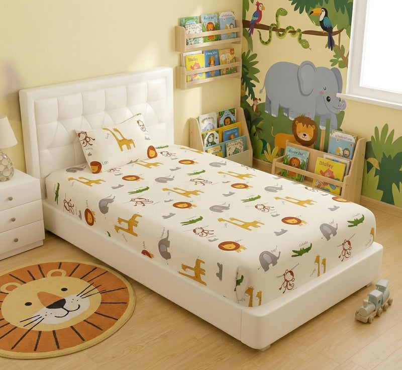Filymore Kids Animal Single Bedsheet Cartoon Bedcover 240 TC Microfiber Kid Bedspread for Single Size Bed (Size 90 X 60 Inches) 1 Bedsheet with 1 Pillow Cover for Kids Room (Color-Cream) - Image 1