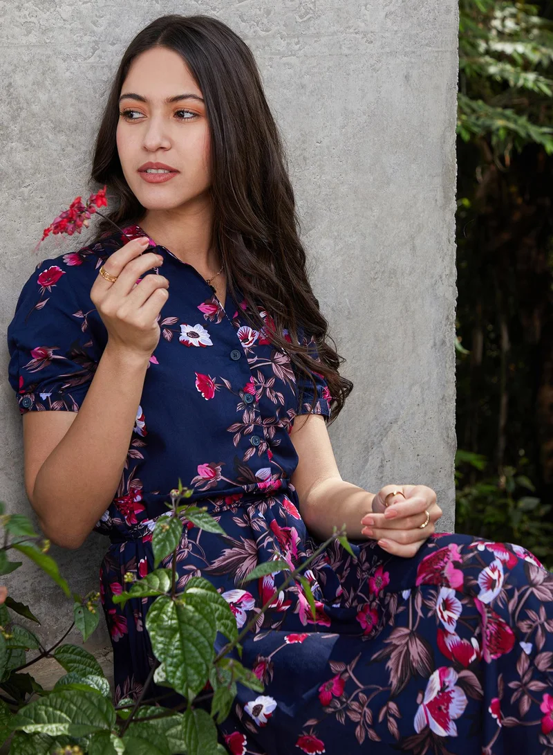 بينيا كولادا فستان نسائي ميدي أزرق داكن مطبوع بالزهور