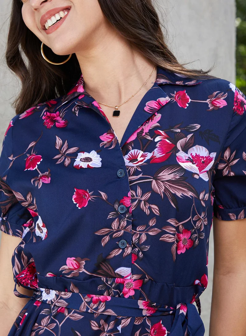 PINACOLADA  Women's Navy Blue Botanical Resort Midi Dress | فستان نسائي | كم قصير | مطبوع بالزهور | طول ميدي/حتى منتصف الساق | كاجوال ويومي | ياقة كوبانية for Women | Best Price UAE