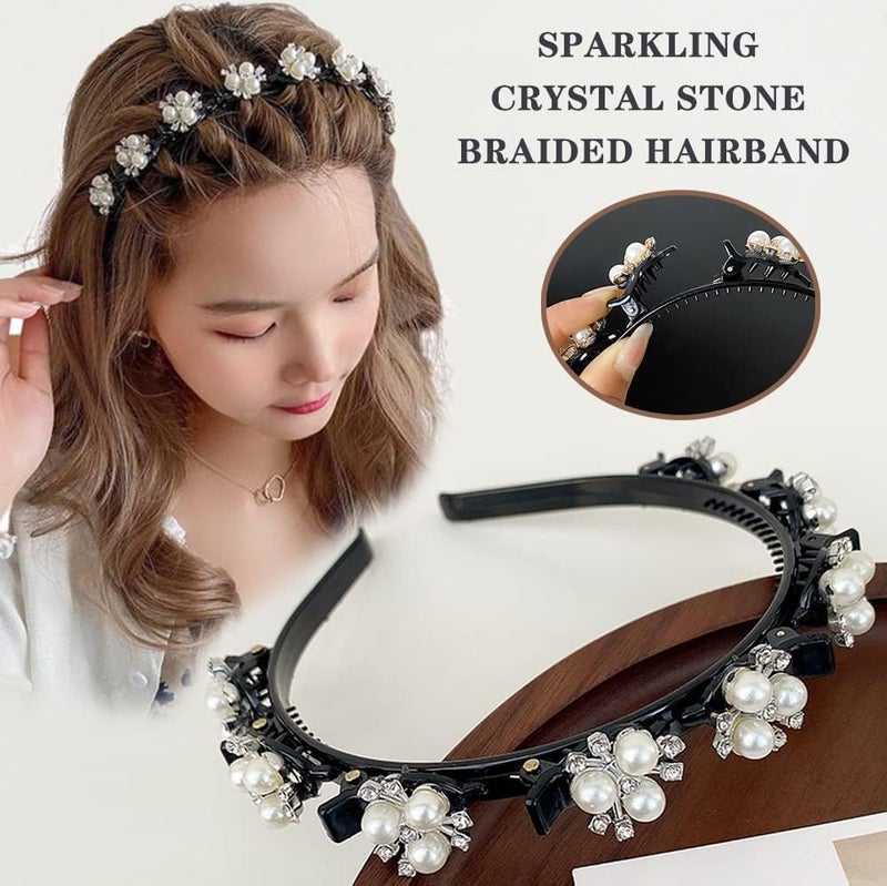 Luckam 4 Pcs Headband with Clips for Girls, Pearl Hair Band for Kids Flowers Hair Hoop Bands Double Layer Hairstyle Braided Hairpin, Hair Styling Accessory for Birthday Party Travel Shopping - Image 5