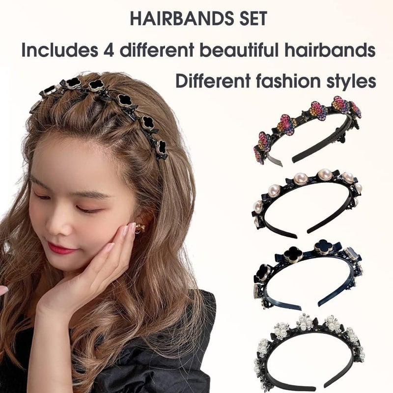 Luckam 4 Pcs Headband with Clips for Girls, Pearl Hair Band for Kids Flowers Hair Hoop Bands Double Layer Hairstyle Braided Hairpin, Hair Styling Accessory for Birthday Party Travel Shopping - Image 3