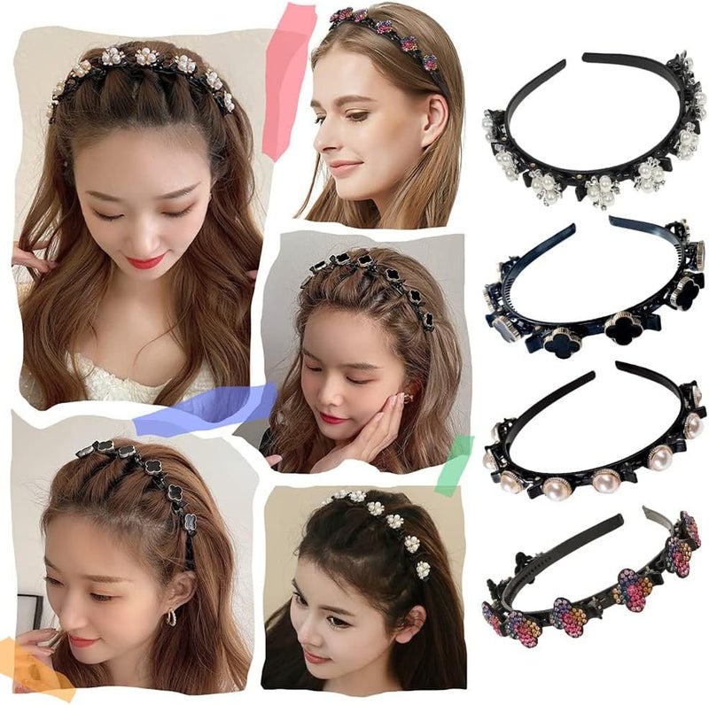 Luckam 4 Pcs Headband with Clips for Girls, Pearl Hair Band for Kids Flowers Hair Hoop Bands Double Layer Hairstyle Braided Hairpin, Hair Styling Accessory for Birthday Party Travel Shopping - Image 2
