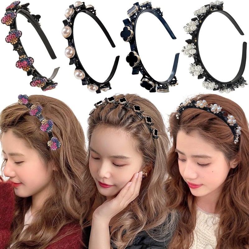 Luckam 4 Pcs Headband with Clips for Girls, Pearl Hair Band for Kids Flowers Hair Hoop Bands Double Layer Hairstyle Braided Hairpin, Hair Styling Accessory for Birthday Party Travel Shopping - Image 1