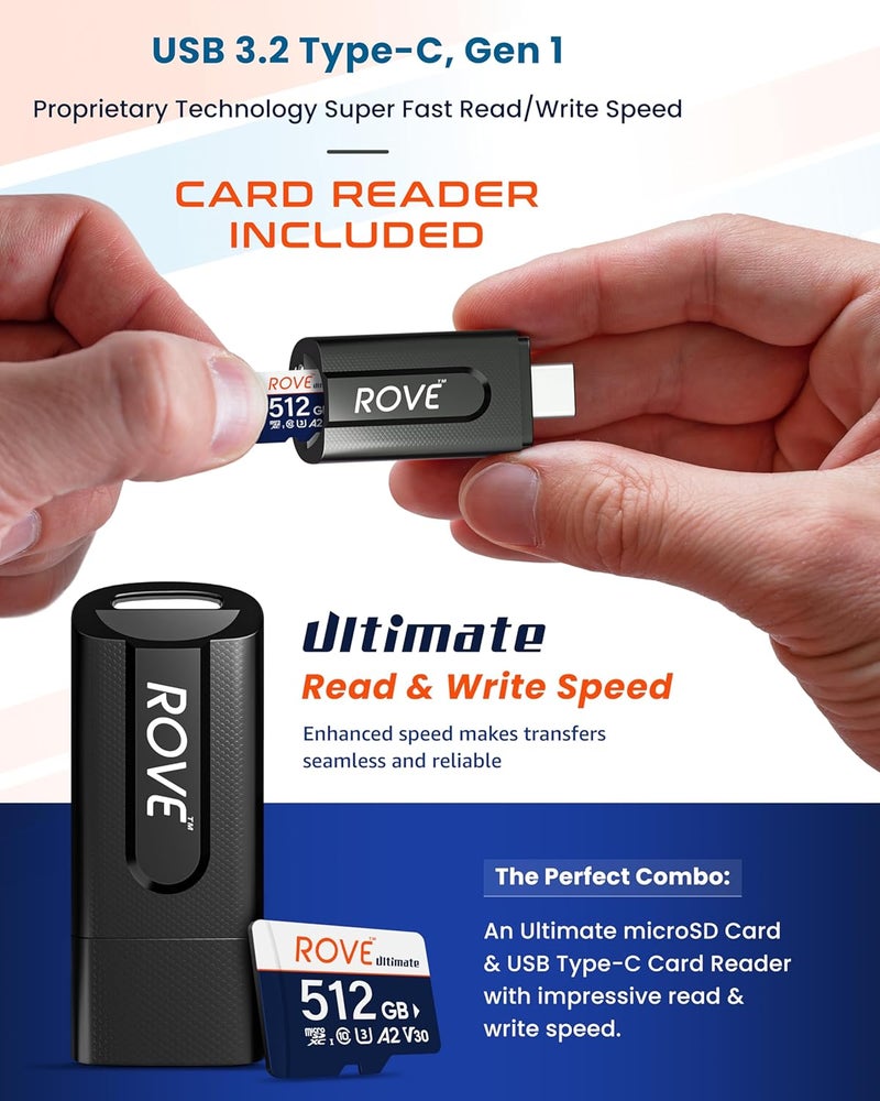 بطاقة Ultimate Micro SD Card microSDXC بسعة 512 جيجابايت مع قارئ بطاقات USB 3.2 Type C بسرعة 170 ميجابايت/ثانية، C10، U3، V30، 4K، A2 لكاميرا السيارة والهواتف الذكية التي تعمل بنظام أندرويد والأجهزة اللوحية والألعاب - Image 3