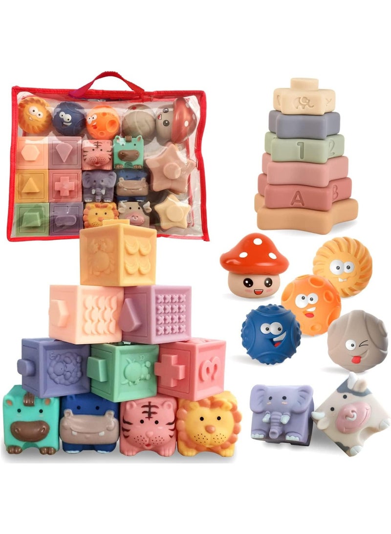 JOGAMS 3 in 1 Montessori Toys for Babies 0-12 Months Soft Baby Teething Toys Stacking Building Blocks for Infants Sensory Developmental Education Toys for Toddler Baby 12-18 Months 23Pcs - Image 1