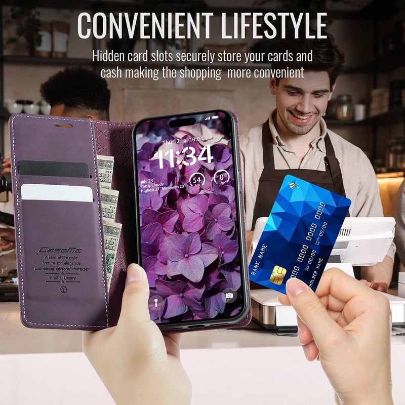 حافظة هاتف لأيفون 17، مصنوعة من جلد PU عالي الجودة [مانعة للتشويش الراديوي RFID]، تحتوي على فتحة للبطاقات ووظيفة وقوف، حافظة جلدية، حافظة للهاتف، غطاء لأيفون 17، لون بنفسجي - Image 4