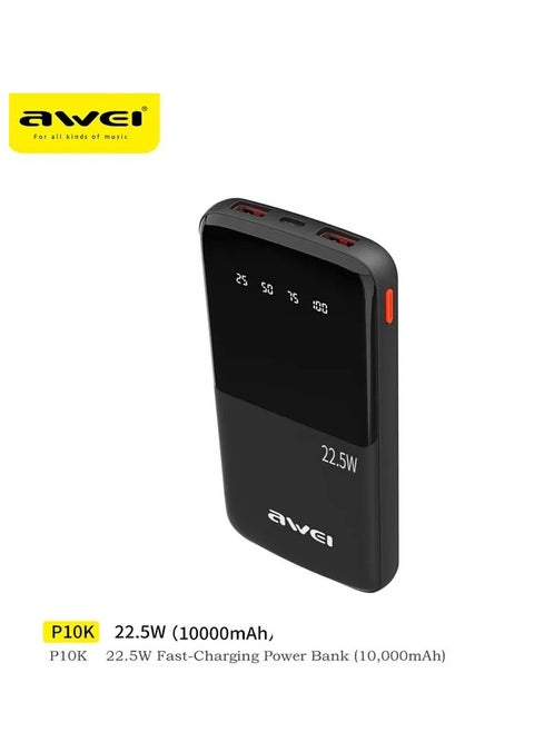 Awei P10K باور بانك محمول 3 في 1 بقدرة 10000 مللي أمبير في الساعة مع 2 USB ومخرج واحد من النوع C وشحن سريع 22.5 وات - أسود