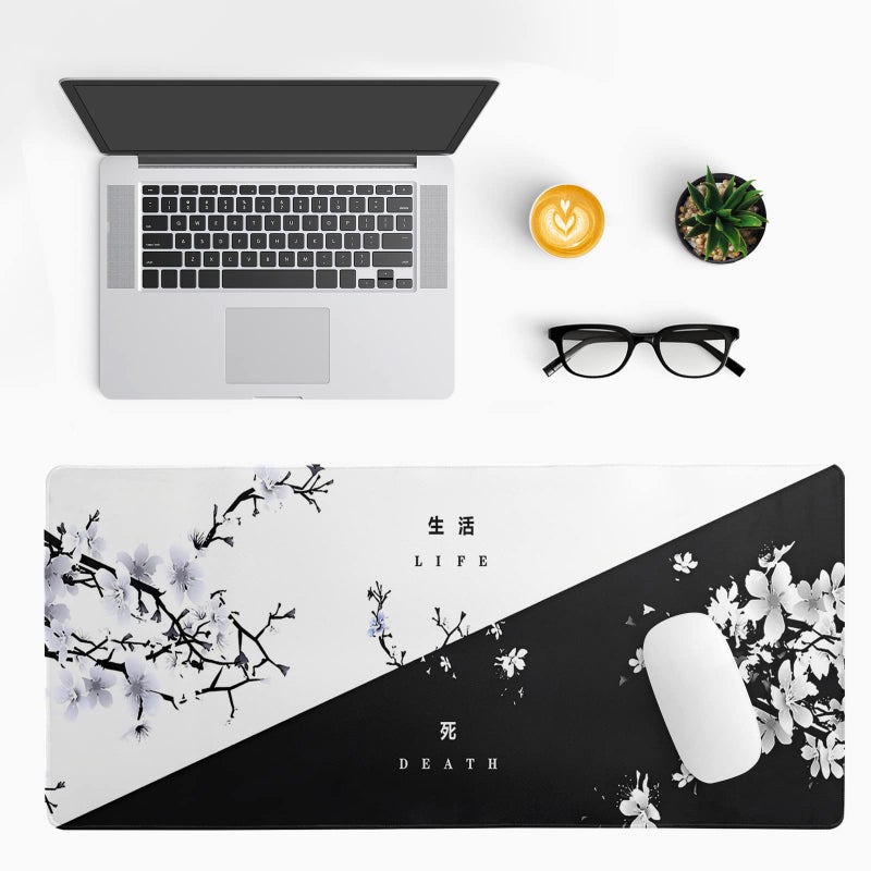 Siski Black and White Japanese Cherry Blossom Gaming Mouse Pad Sakura Death Life Flower Mat 31.5x11.8 Inch Texture Non-Slip Rubber Base Mousepad Stitched Edges Keyboard Desk Pad for Office Home Game - Image 3