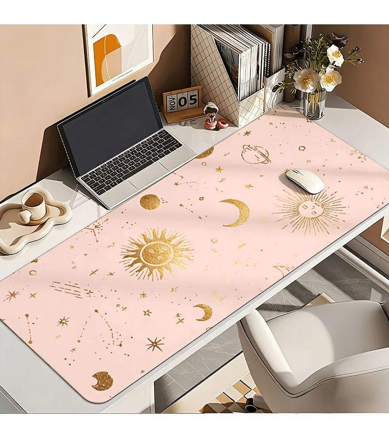 1 Pcs Dreamy Pink Golden Universe Stars Sun And Moon Pattern Mouse Pad 30x60cm Durable Rubber Desk Mat Washable For Office Study Table Brightens Atmosphere Versatile Practical Lifestyle - Image 1