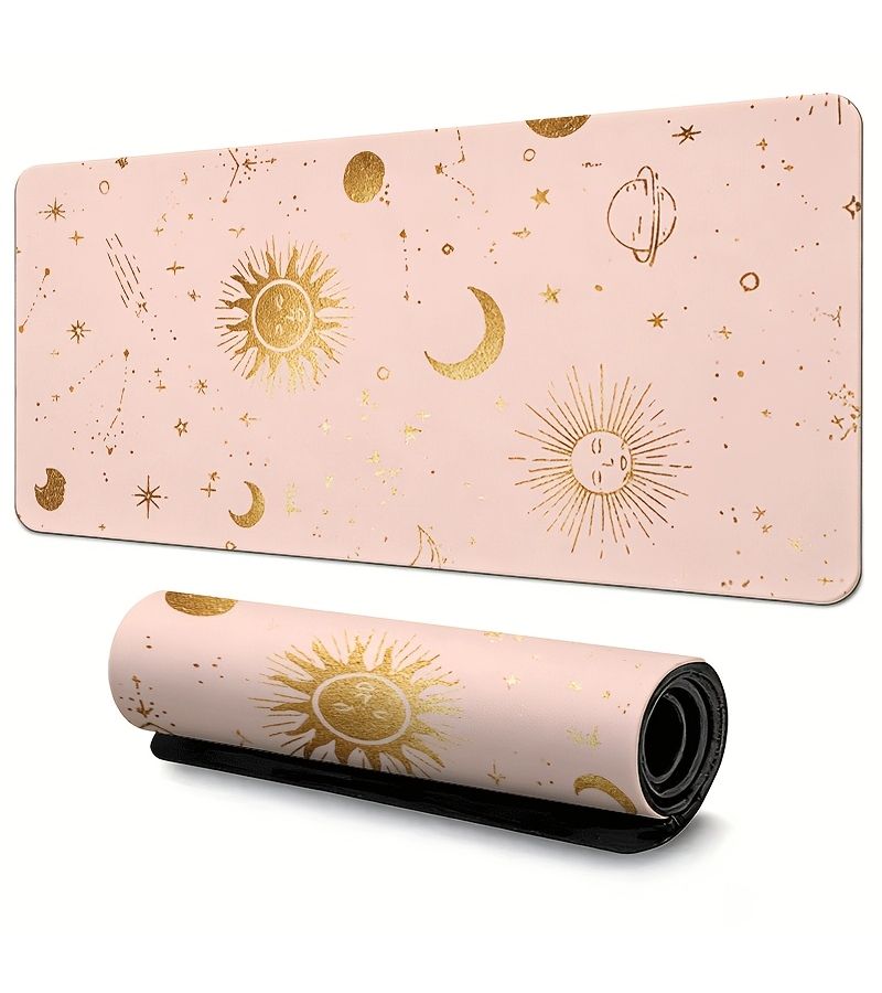 1 Pcs Dreamy Pink Golden Universe Stars Sun And Moon Pattern Mouse Pad 30x60cm Durable Rubber Desk Mat Washable For Office Study Table Brightens Atmosphere Versatile Practical Lifestyle - Image 5