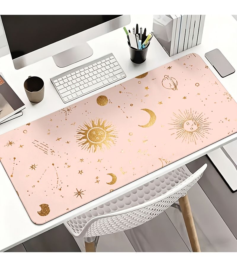 1 Pcs Dreamy Pink Golden Universe Stars Sun And Moon Pattern Mouse Pad 30x60cm Durable Rubber Desk Mat Washable For Office Study Table Brightens Atmosphere Versatile Practical Lifestyle - Image 3
