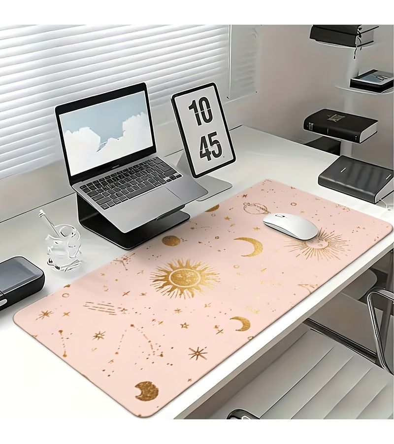 1 Pcs Dreamy Pink Golden Universe Stars Sun And Moon Pattern Mouse Pad 30x60cm Durable Rubber Desk Mat Washable For Office Study Table Brightens Atmosphere Versatile Practical Lifestyle - Image 4