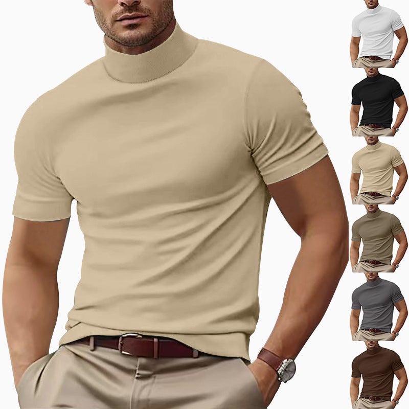 Men'S Casual T-Shirt Fashion Half-High Neck Slim Solid Color Base Shirt Trendy - Image 2