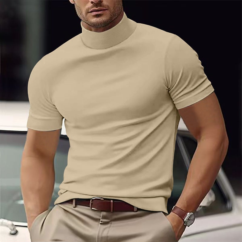Men'S Casual T-Shirt Fashion Half-High Neck Slim Solid Color Base Shirt Trendy - Image 1