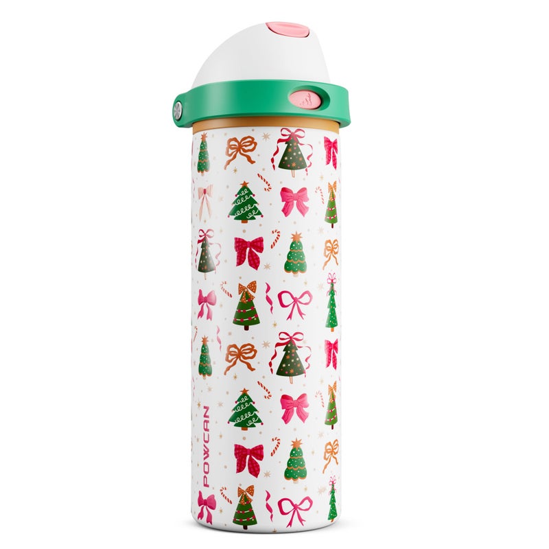 Powcan 24 Oz Christmas Stainless Steel Water Bottle: 2-In-1 Push-Button Spout & Quick-Flip Straw  Leakproof  Fits In Car Cupholder  Insulated Water Bottle For Holiday Gift  Sports  Travel (Merry Bows) - Image 1