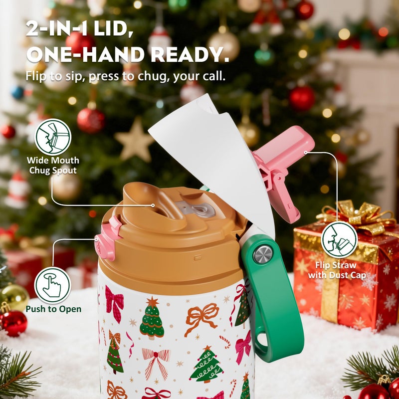 Powcan 24 Oz Christmas Stainless Steel Water Bottle: 2-In-1 Push-Button Spout & Quick-Flip Straw  Leakproof  Fits In Car Cupholder  Insulated Water Bottle For Holiday Gift  Sports  Travel (Merry Bows) - Image 4