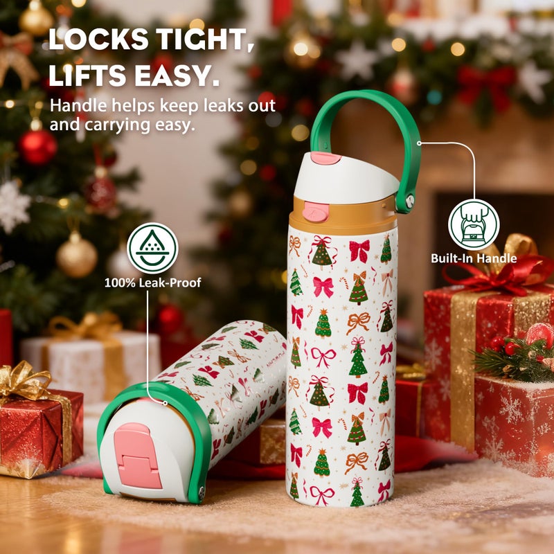 Powcan 24 Oz Christmas Stainless Steel Water Bottle: 2-In-1 Push-Button Spout & Quick-Flip Straw  Leakproof  Fits In Car Cupholder  Insulated Water Bottle For Holiday Gift  Sports  Travel (Merry Bows) - Image 5