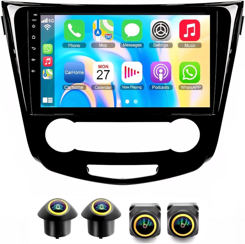 فيريكس مناسب لسيارة نيسان إكس تريل ستيريو روج قاشقاي شاشة أندرويد 2014-2018 مع أبل كار بلاي أندرويد أوتو لاسلكي واي فاي DSP FM&AM BT AHD كاميرا متضمنة دليل تكييف (4 + 32 جيجابايت 360D كاميرات) - Image 1