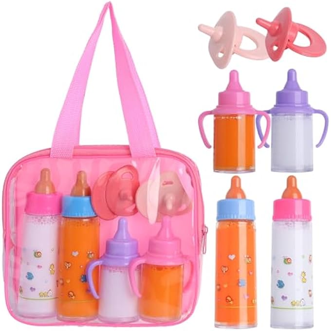 MY SWEET BABY DISAPPEARING DOLL FEEDING SET, 6 PIECE DOLL FEEDING SET,2 MILK BOTTLES 2 JUICE BOTTLES AND 2 TOY PACIFIER, DOLL PLAYSET ACCESSORIES HANDBAG FOR TODDLERS - Image 1