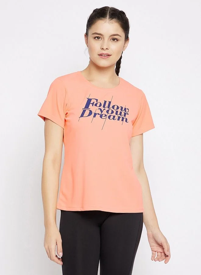 Clovia Clovia Quick Dry Text Print Sports T-shirt in Peach with UV Protection