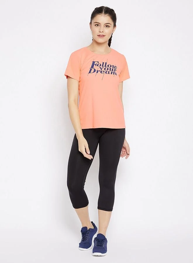 Clovia Clovia Quick Dry Text Print Sports T-shirt in Peach with UV Protection